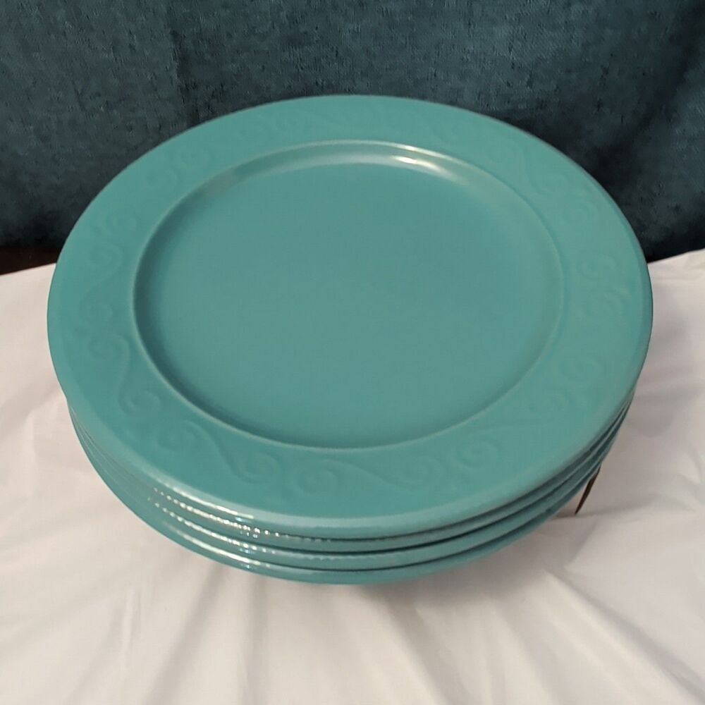 Set of 4 Royal Norfolk Dinner Plates Turquoise Teal Blue Scrolls Rim 10.5" - Picture 13 of 16